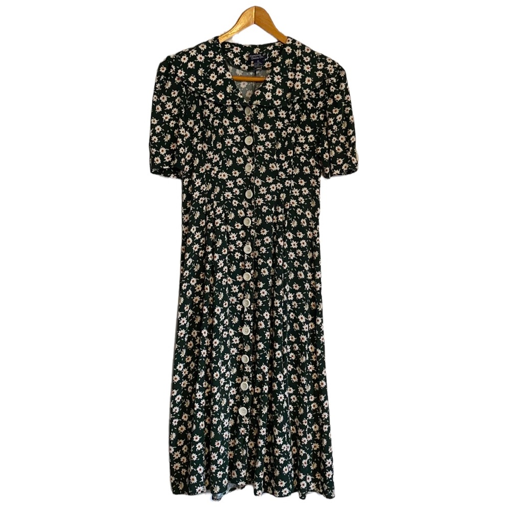 90s Vintage Green Daisy Floral Long Button Down Dress Hampton Dress Co.